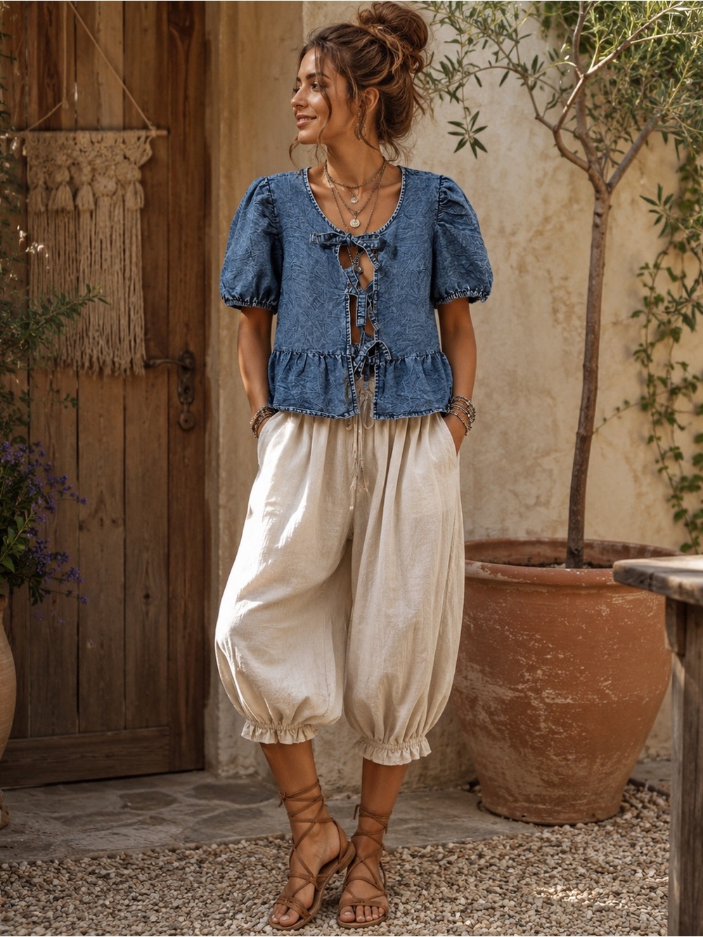 Sim & Sam Cotton Lightweight Denim Tie-Front Peplum Blouse